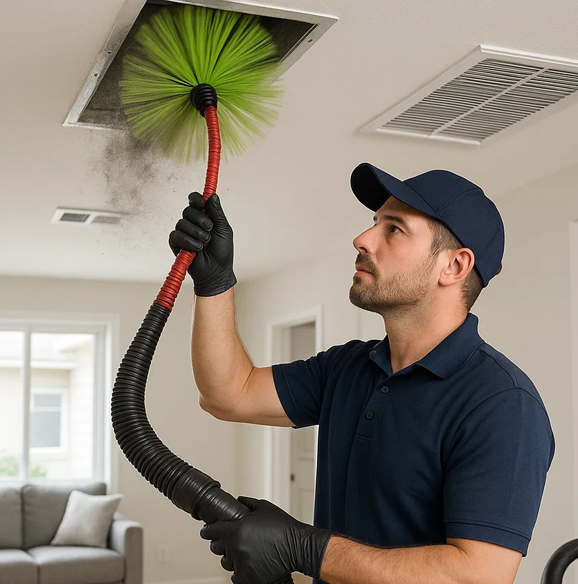 Meadows Place TX air duct technician using negative air vacuum and rotary brushes for complete duct cleaning