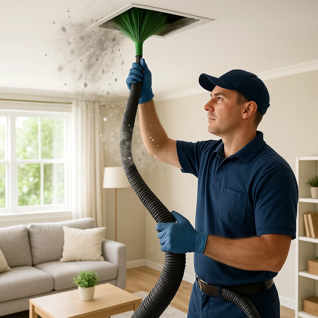 Meadows Place TX air duct technician removing allergens to improve indoor air quality and breathing comfort